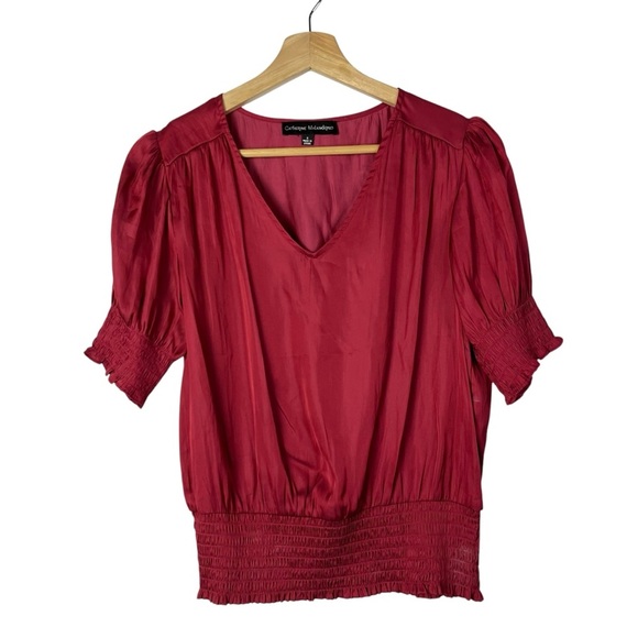 Catherine Malandrino Red Smocked Waist Puff Short Sleeve Blouse S - Picture 1 of 4